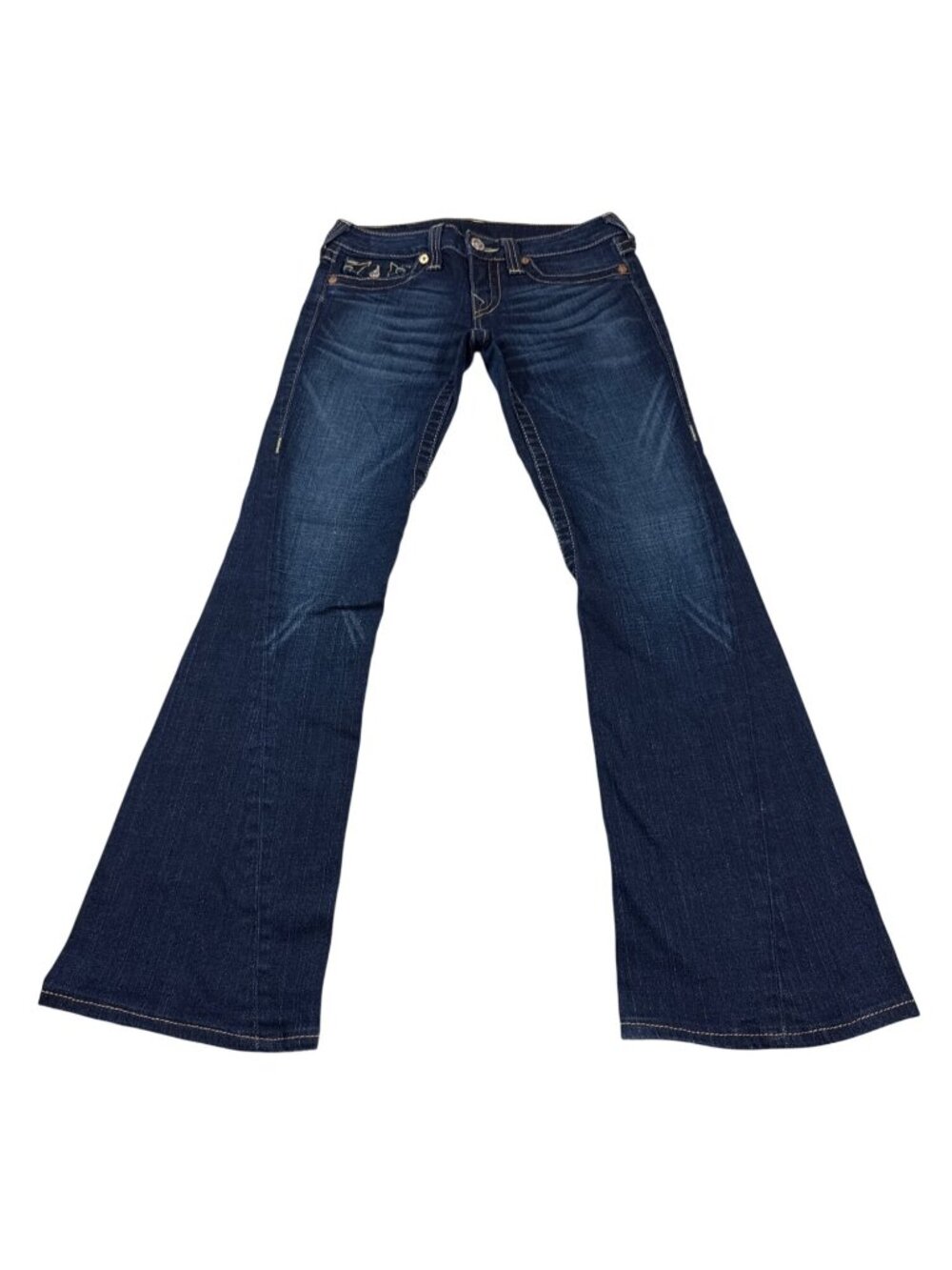 True Religion Dark Blue Bootcut Denim Jeans Tan Stitching Flared Leg 27 (NN521)